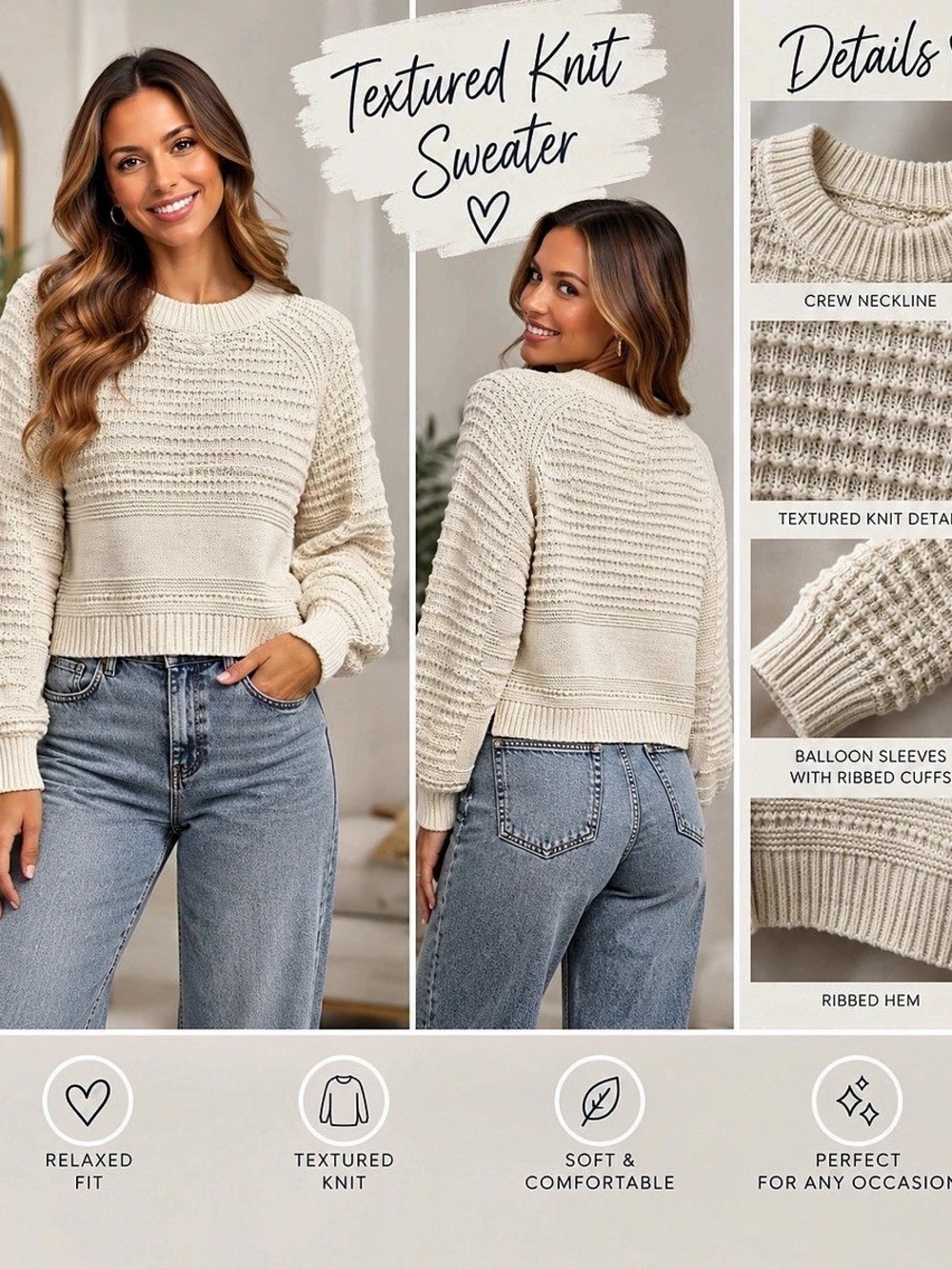Universal Thread Textured Knit Crewneck Pullover Sweater Cream